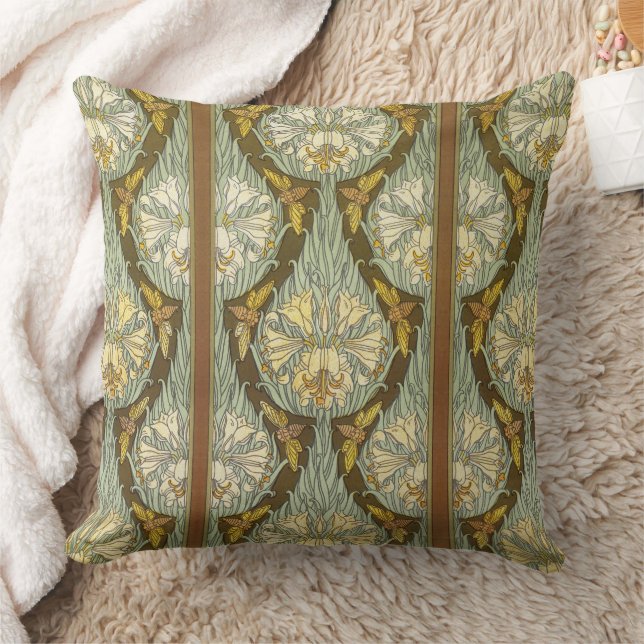 Sage Green Art Nouveau Lily Insect Pattern Throw Pillow (Blanket)