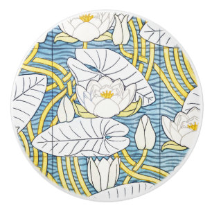 Sage Green Art Nouveau Water Lily Pattern Ceramic Knob