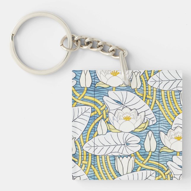 Sage Green Art Nouveau Water Lily Pattern Keychain (Front)