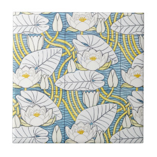 Sage Green Art Nouveau Water Lily Pattern Tile