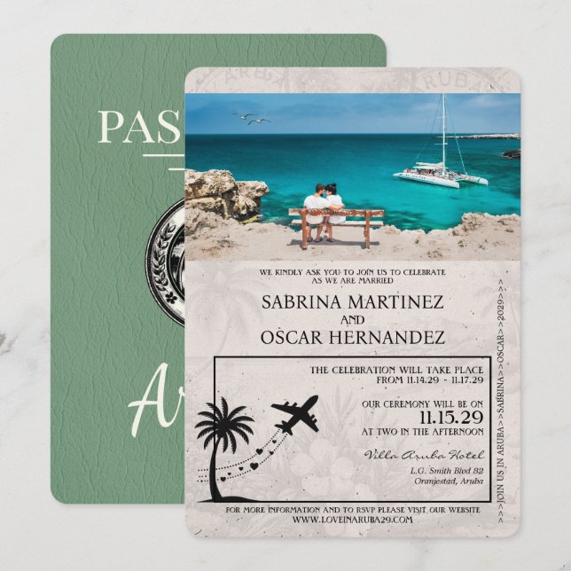 Sage Green Aruba Passport Wedding Invitation (Front/Back)