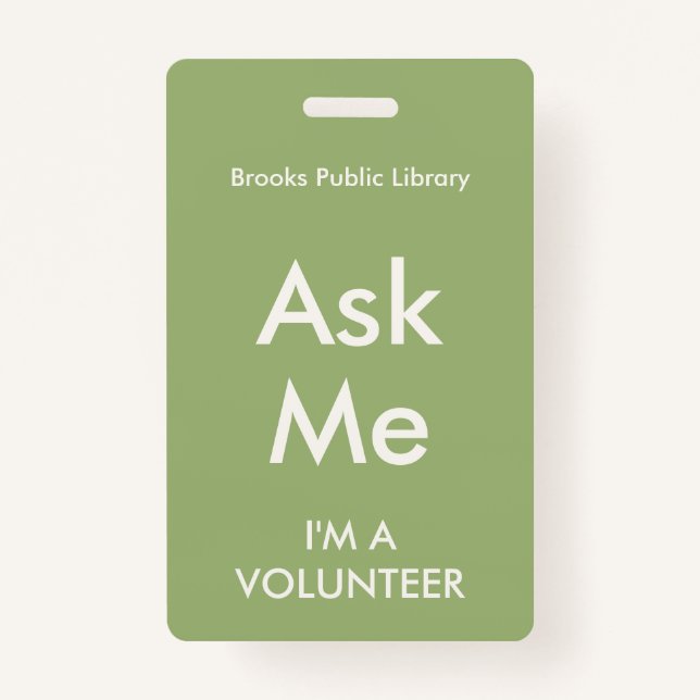 Sage Green Ask Me Badge for Volunteers (Front)