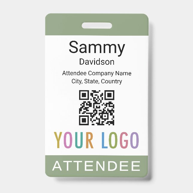 Sage Green Attendee Badge QR Code Business Logo (Front)