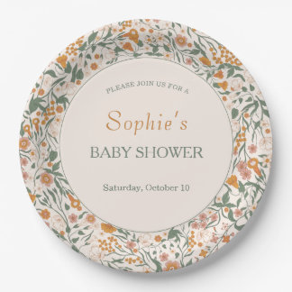Sage Green Autumn Garden Baby Shower Paper Plate