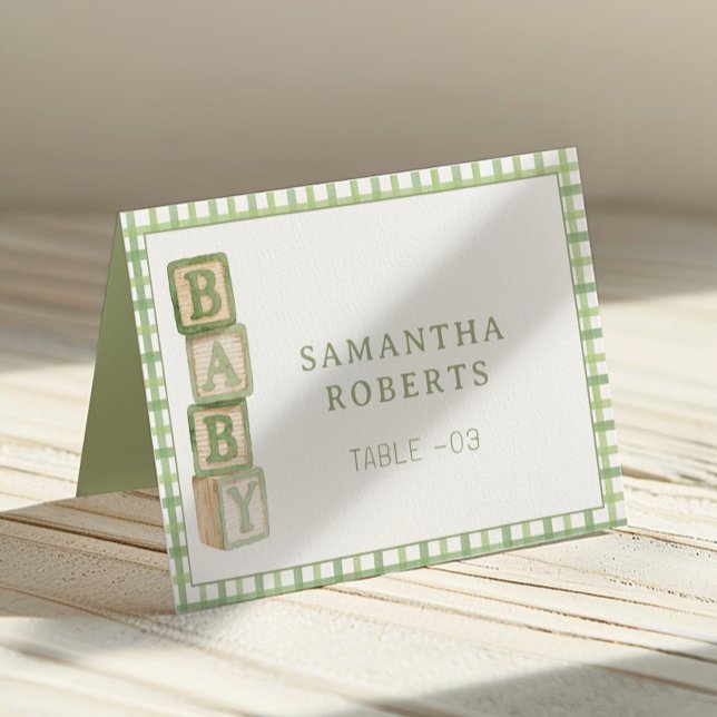 Sage Green Baby Blocks Editable Tent Cards (Baby Shower Table Number)