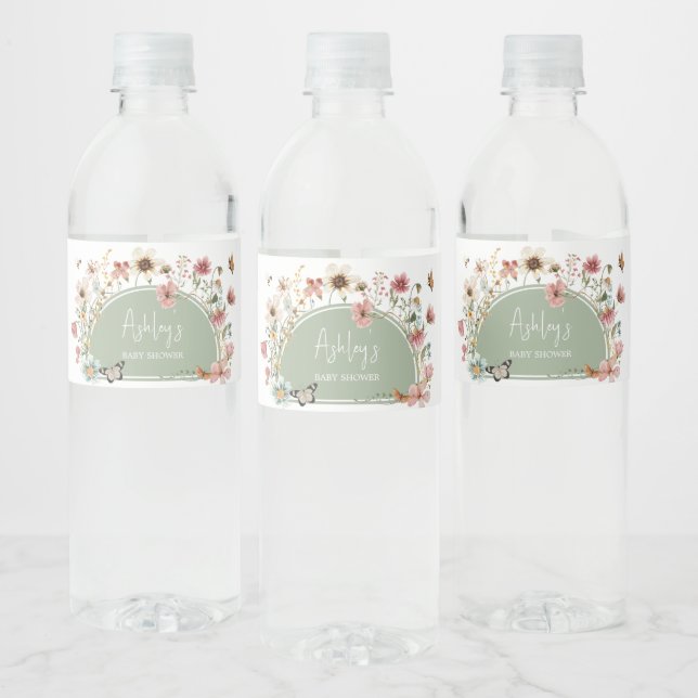 Sage Green Baby Bloom Baby Shower Water Bottle Label (Bottles)