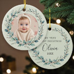 Sage Green Baby First Christmas Photo Ceramic Ornament<br><div class="desc">Commemorate your baby’s first Christmas with this sage green photo ceramic ornament. Designed in a soft, modern palette with space for your favorite photo, this keepsake offers timeless elegance and warmth for your holiday tree. Personalize with your baby’s name, year, or special message — a perfect Christmas gift for new...</div>