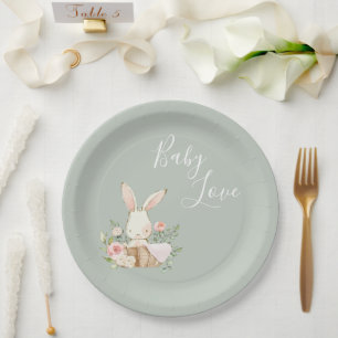 Sage Green Baby Love Script Baby Shower Paper Plate