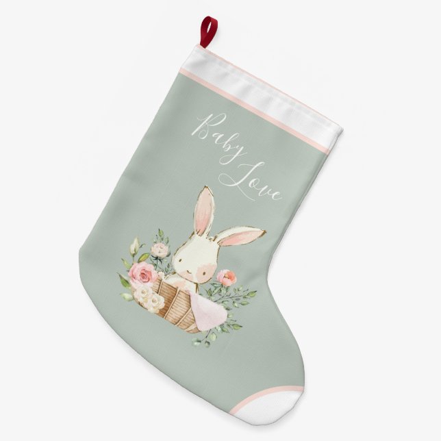 Sage Green Baby Love Script Elegant Baby  Large Christmas Stocking (Front (Hanging))