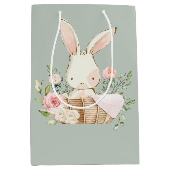 Sage Green Baby Rabbit Elegant Baby Shower Medium Gift Bag (Front)