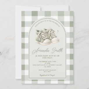 Sage Green Baby Shoes Gingham Boy Baby Shower Invitation