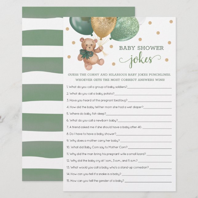 Sage Green Baby Shower Baby Jokes Game Teddy Bear  (Front/Back)