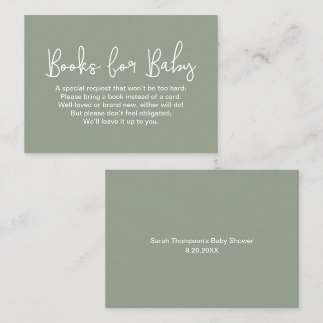 Sage Green Baby shower Book Request Modern Script  Enclosure Card (Front/Back)