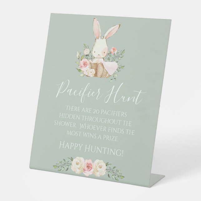 Sage Green Baby Shower Pacifier Hunt Game Pedestal Sign (Front)