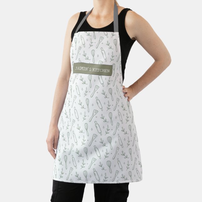 Sage Green Baking Pattern Modern Name Apron (Insitu)