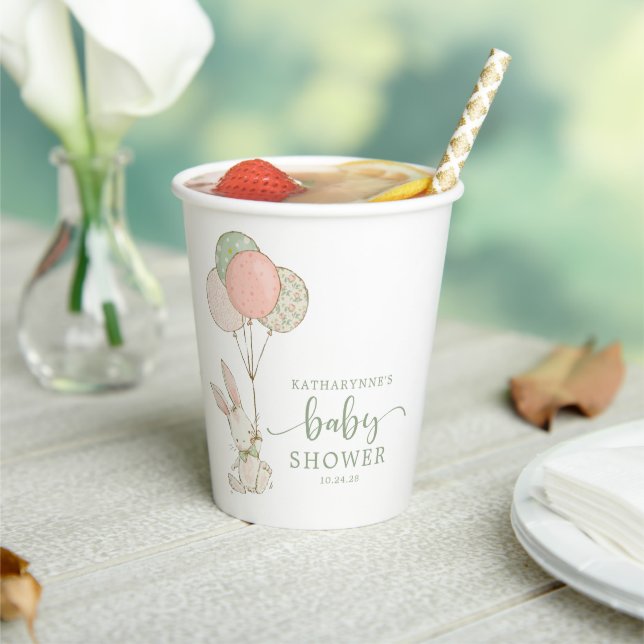 Sage Green Balloon Bunny Rabbit Baby Shower Paper Cups (Insitu)
