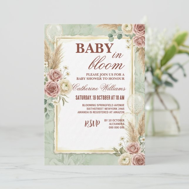 Sage Green Balloons Floral Baby Shower Invitation (Standing Front)
