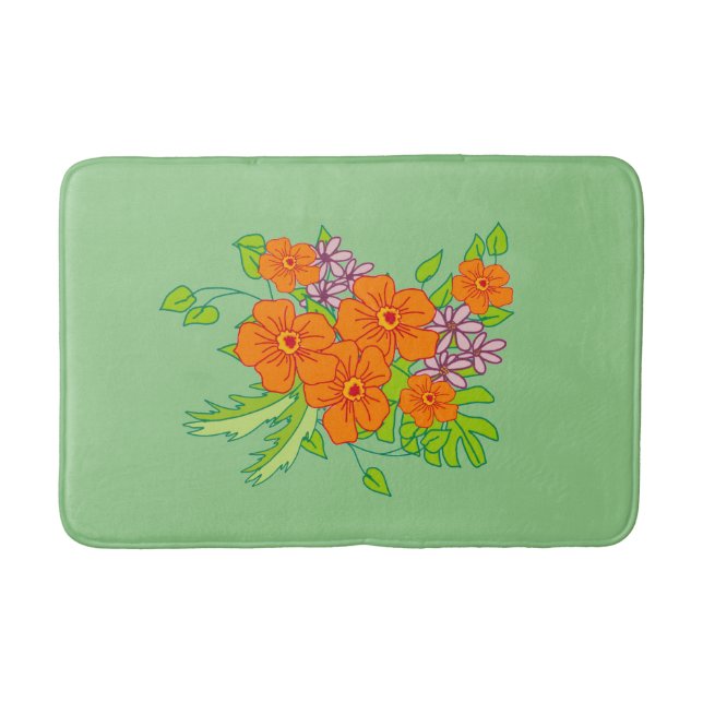 Sage green bath mat with orange flower, (Front)