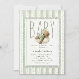 Sage Green Bear Baby Shower Floral Stripe Invitation