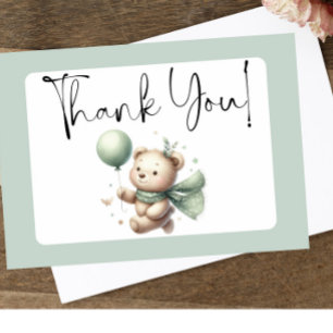 Sage Green Bear Baby Shower Folded Thank You Card