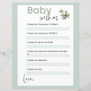 Sage Green Bear Baby Wishes Baby Shower Game