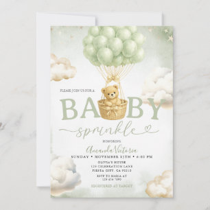 Sage Green Bear Cloud Balloon Baby Shower Invitation