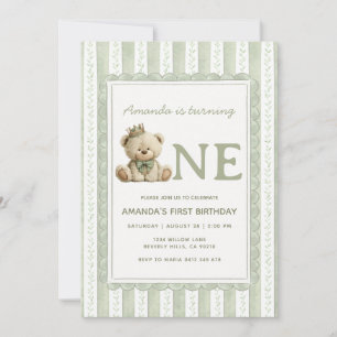 Sage Green Beary First Birthday Floral Stripe Invitation