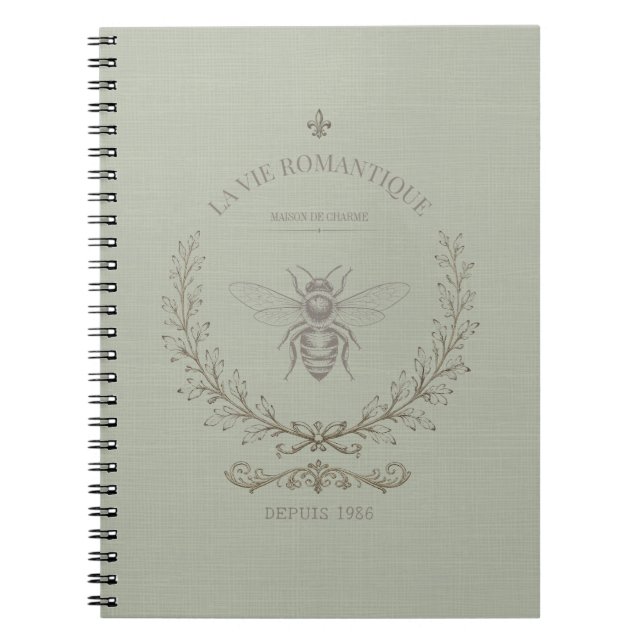 Sage Green Bee Engraving | French Country Rustic  Notebook (Front)