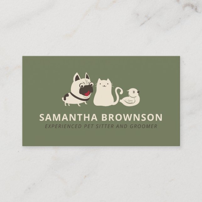 Sage Green Beige Dog Cat Bird Pet Sitter Business Card (Front)