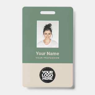 Sage Green Beige Employee Photo Logo Name Badge