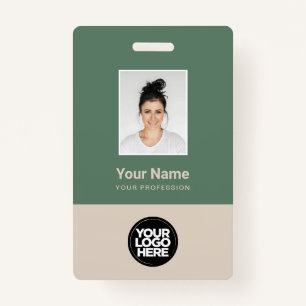 Sage Green Beige Employee Photo Logo Name Badge