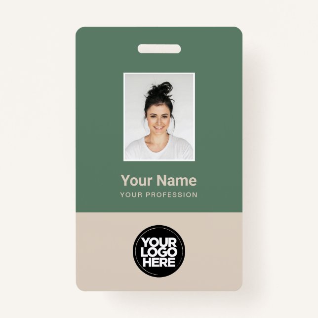 Sage Green Beige Employee Photo Logo Name Badge (Front)