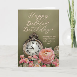 Sage Green Beige Floral Belated Birthday Card
