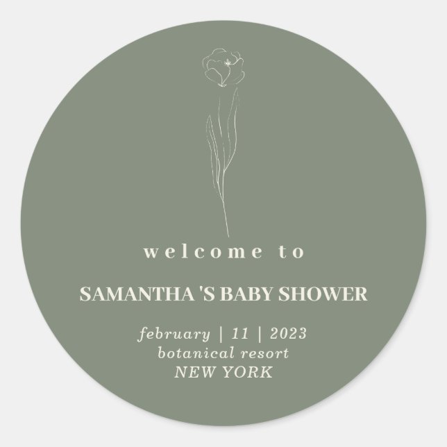 Sage Green Beige Flower Welcome baby shower Classic Round Sticker (Front)