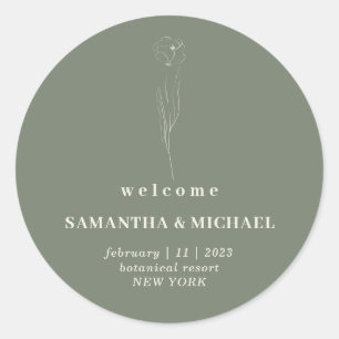 Sage Green Beige Flower Welcome Wedding Classic Round Sticker