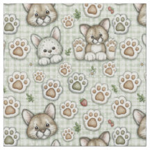 Sage Green Beige Gingham Cute Cat Paw Print Quilti