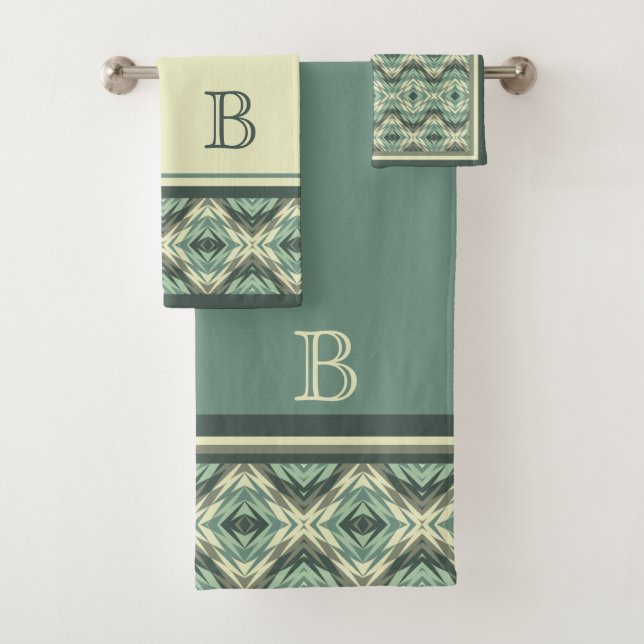 Sage Green Beige Grayish Brown Ethnic Look Custom Bath Towel Set (Insitu)