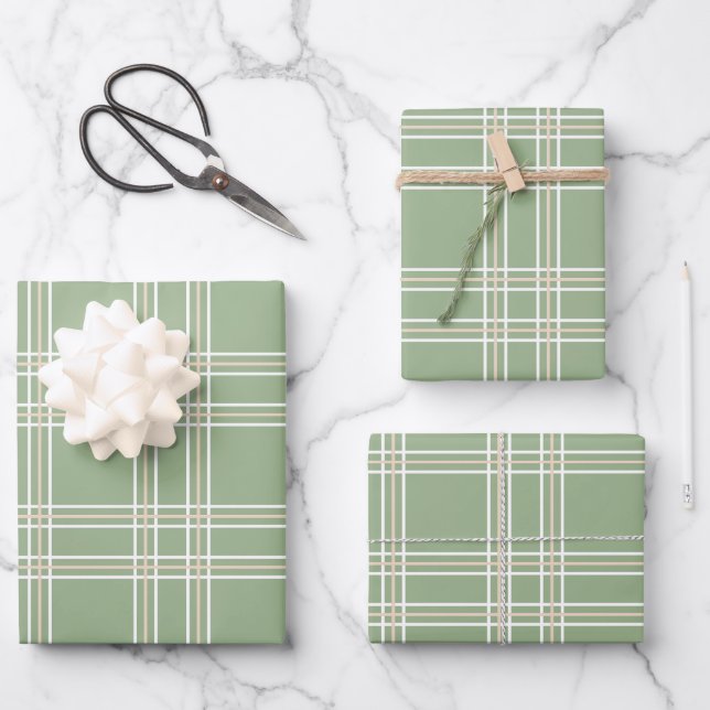 Sage Green Beige Tartan Plaid  Wrapping Paper Sheet (Front)