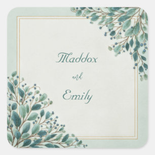 Sage Green Berry Gold Frame Wedding Square Sticker
