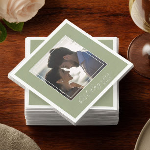 Sage Green Best Day Ever Photo Wedding Cocktail  Napkin