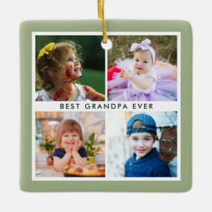Sage Green  Best Grandpa Ever 4 Photo Christmas Ceramic Ornament