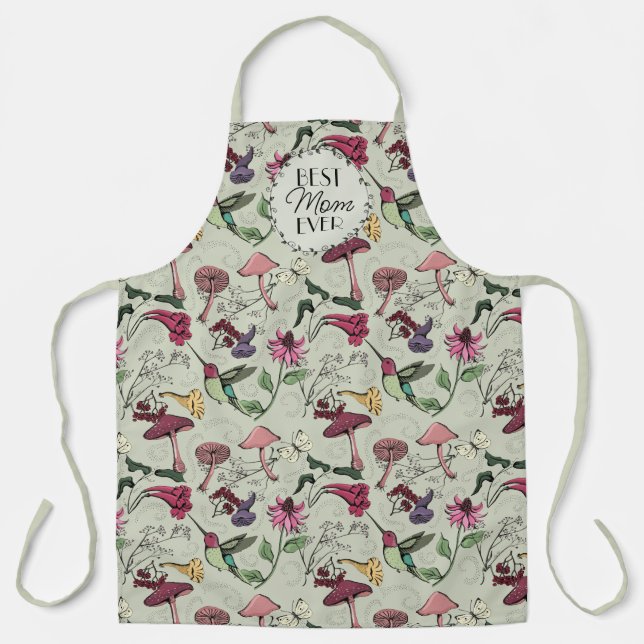 Sage Green Best Mom Ever Flowers & Hummingbird Apron (Front)
