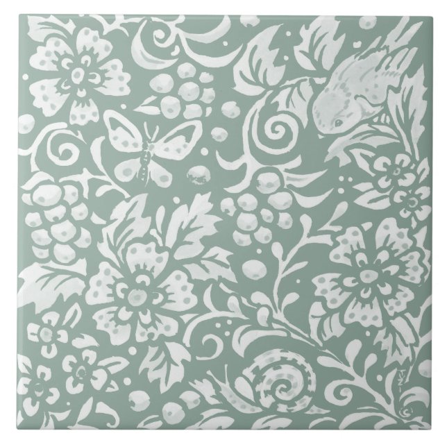 Sage Green Bird Butterfly Snail Floral Tile (Front)