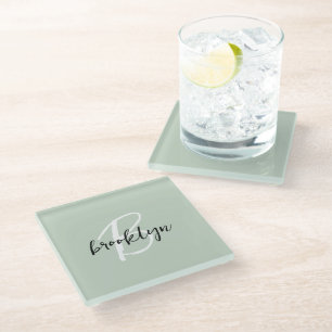 Sage Green Black and White Script Monogram  Glass Coaster