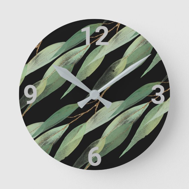 Sage Green Black Botanical Eucalyptus Wall Clock (Front)