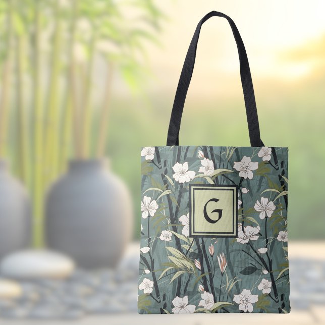 Sage Green Black Floral Japanese Style Monogram  Tote Bag (Creator Uploaded)