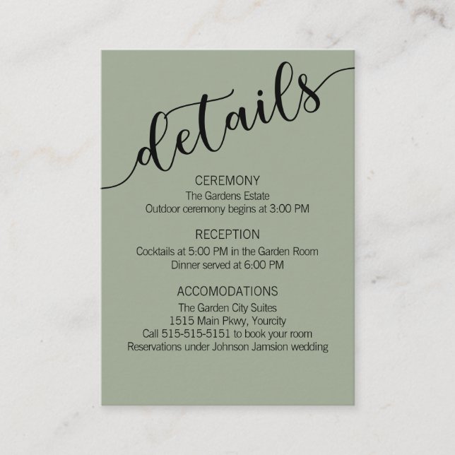 Sage Green Black Love Script Details  Enclosure Card (Front)