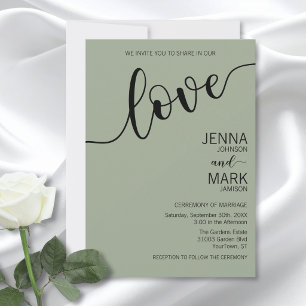 Sage Green Black Love Script Minimalist Wedding  I Invitation