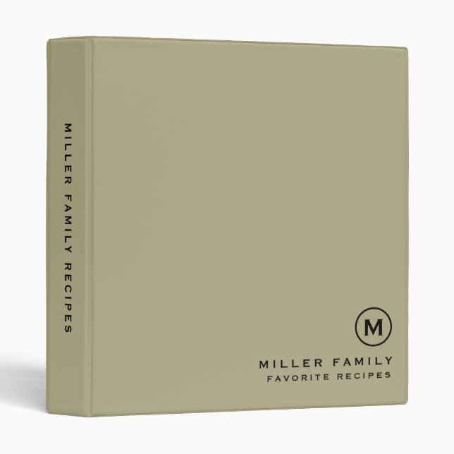 Sage Green Black Monogram Initial Family Recipe Binder (Front/Spine)