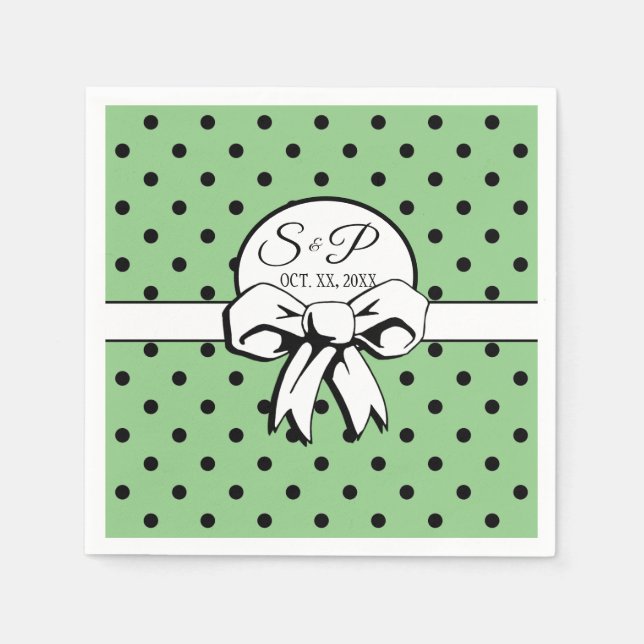 Sage Green & Black Polka Dot White Bow Personalize Napkin (Front)